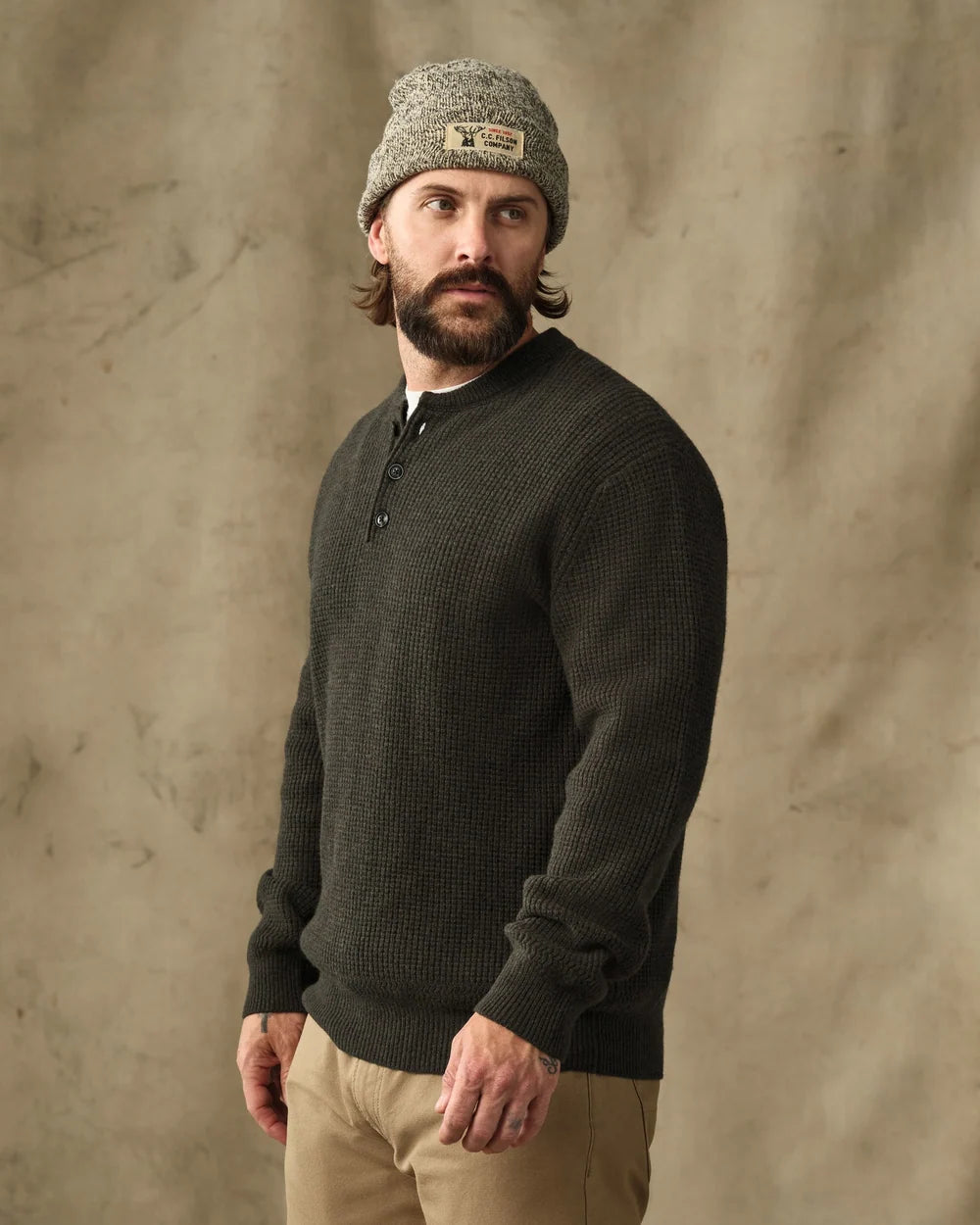Filson Waffle Knit Merino Wool Henley - Olive Brown Heather