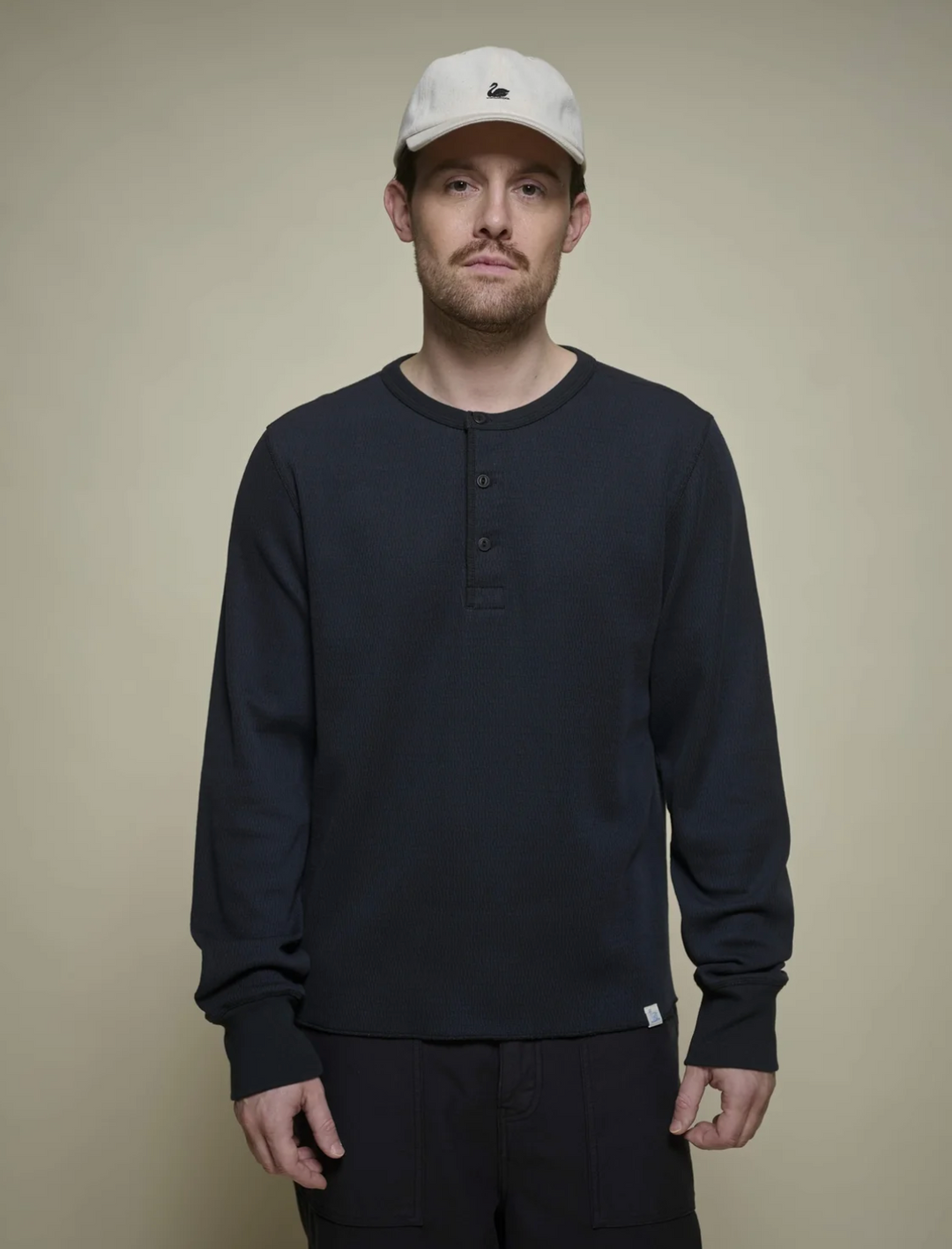 Merz b. Schwanen Diamond-Patterned Cotton Thermal Henley- Deep Black